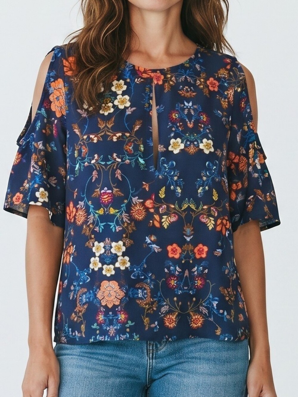 Haute Monde Navy Floral Keyhole Flutter Sleeve Top